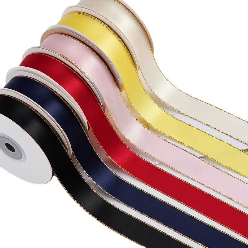 Champagne silver gold metallic edge double-sided  satin ribbon for flower gift box