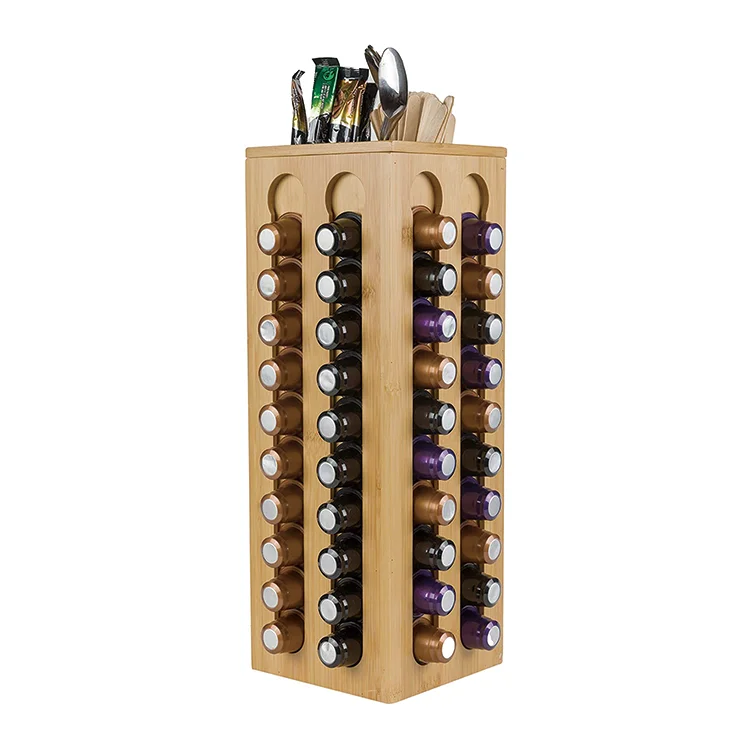 360-degrees Rotatory rotation, Nespressp Capsule bamboo holder with extra space bamboo Coffee Pod Organizer Storage