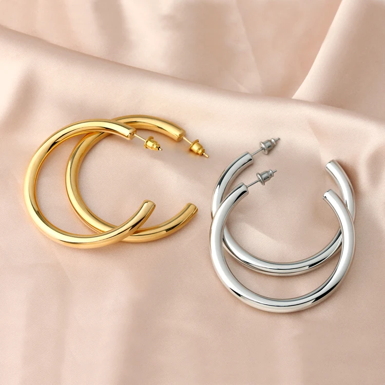High Quality Good Price Stainless Steel Custom Gold Plated Thick Chunky Open C Shape Stud Ear Piercing Ohrring Big Hoop Earring