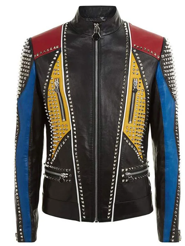 Custom Style Jackets Fashioned Spike Stud Chains Rivets Stage Suits Jacket Multi Zipper Pocket Long Coats
