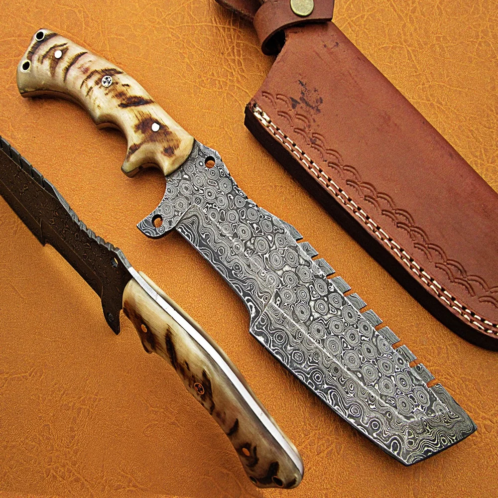 100% Высокое качество нож из дамасской стали трекер нож/Походный нож для выживания: бараний рог ручка с чистый кожаный футляр для SCW-TK-0020