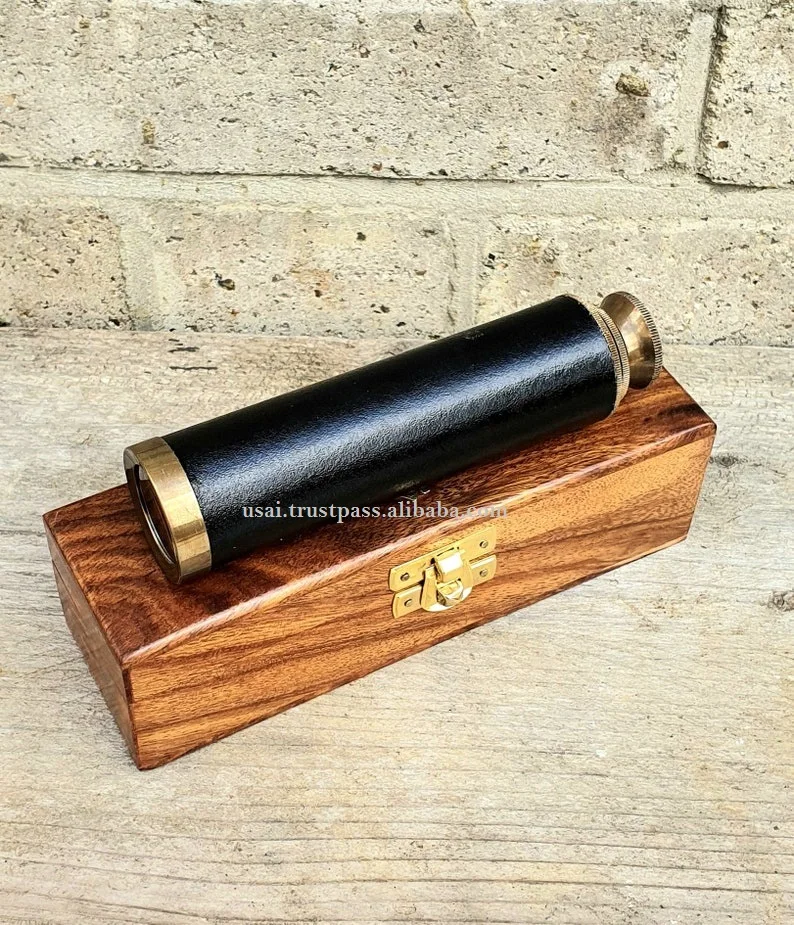 Antique Design 12 Inch Telescope Handheld Wooden Box Optic Nautical Pirate Scope Spyglass Leather Covered Telescope with Anchor