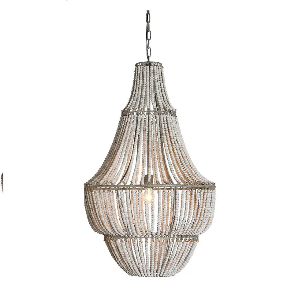 Metal  White  Wash Wood Beads Chandelier