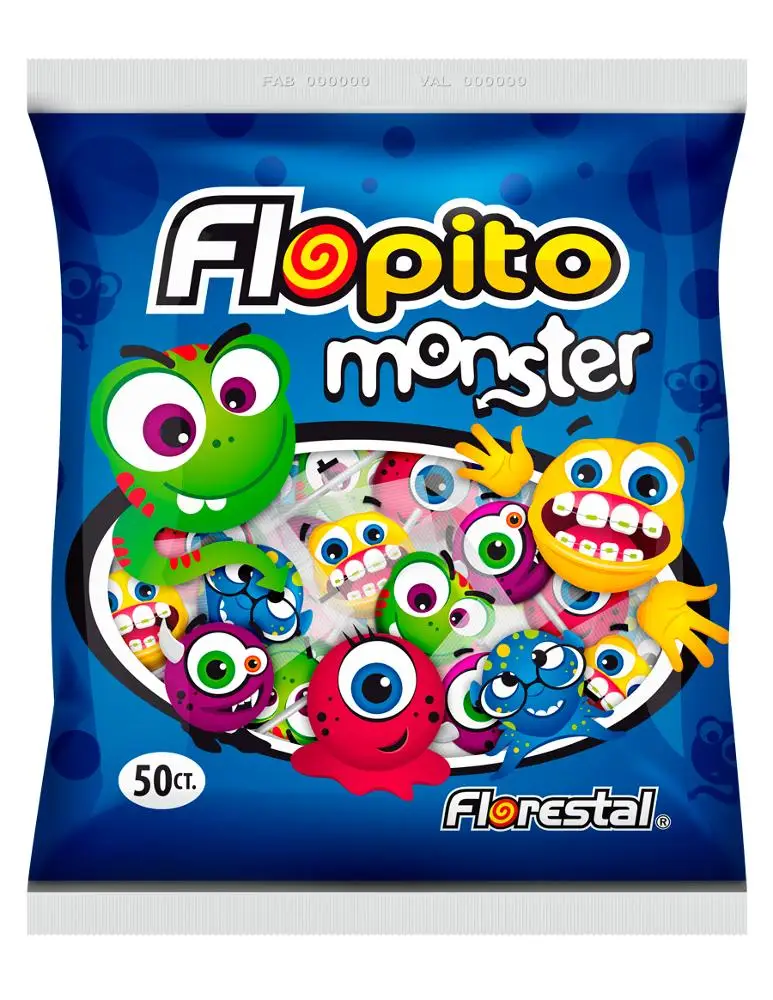 1356 - Flopito Monster Strawberry, Grape, Orange and Lemon Flat Lollipop 8g, 7g, 6g x 50un