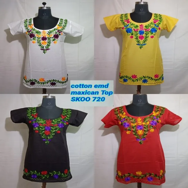 Indian Boho Traditional T-Shirt type dress black color flower printed women mexican cotton embroidery plain dress for ladies