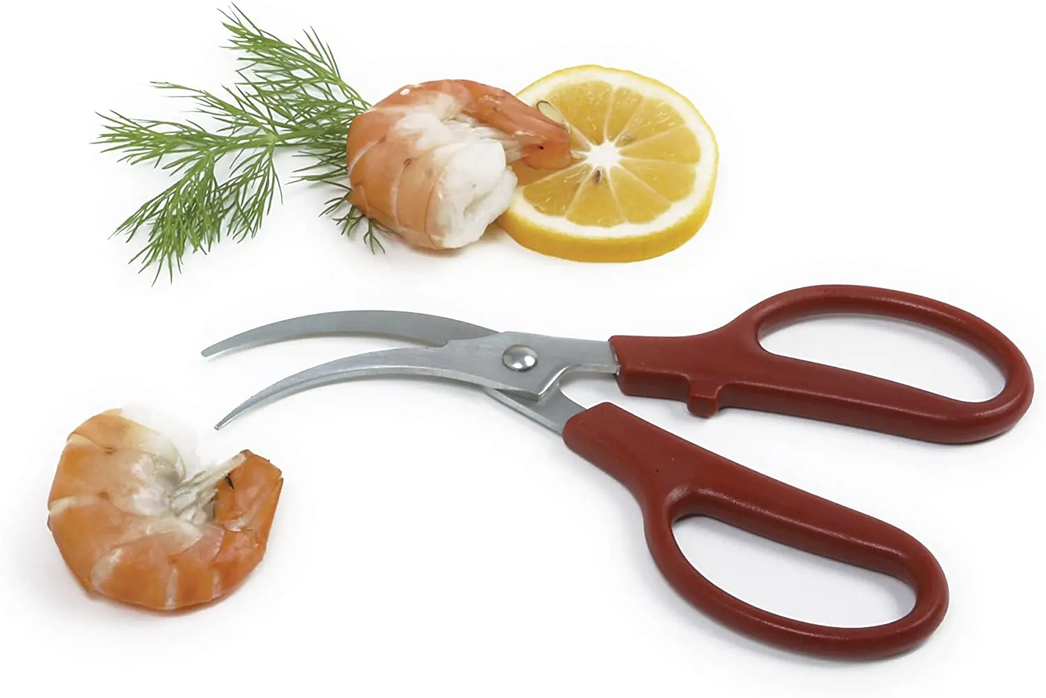 Plastic red handle curved sharp blade stainless steel Shrimp/Prawn Deveiner, Peeler scissors Made in Pakistan