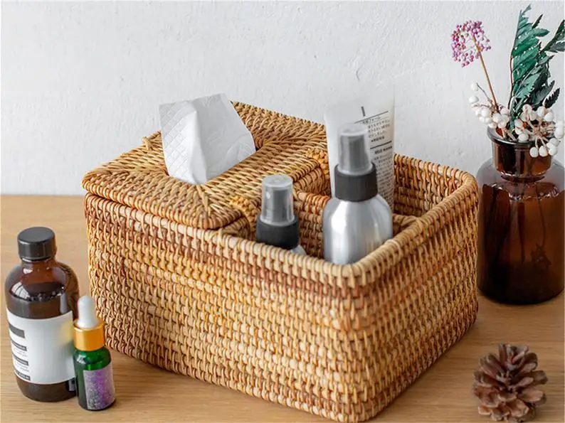 100% natural rattan napkin holder rattan tissue box wicker separated storage basket with lid made in Vietnam
