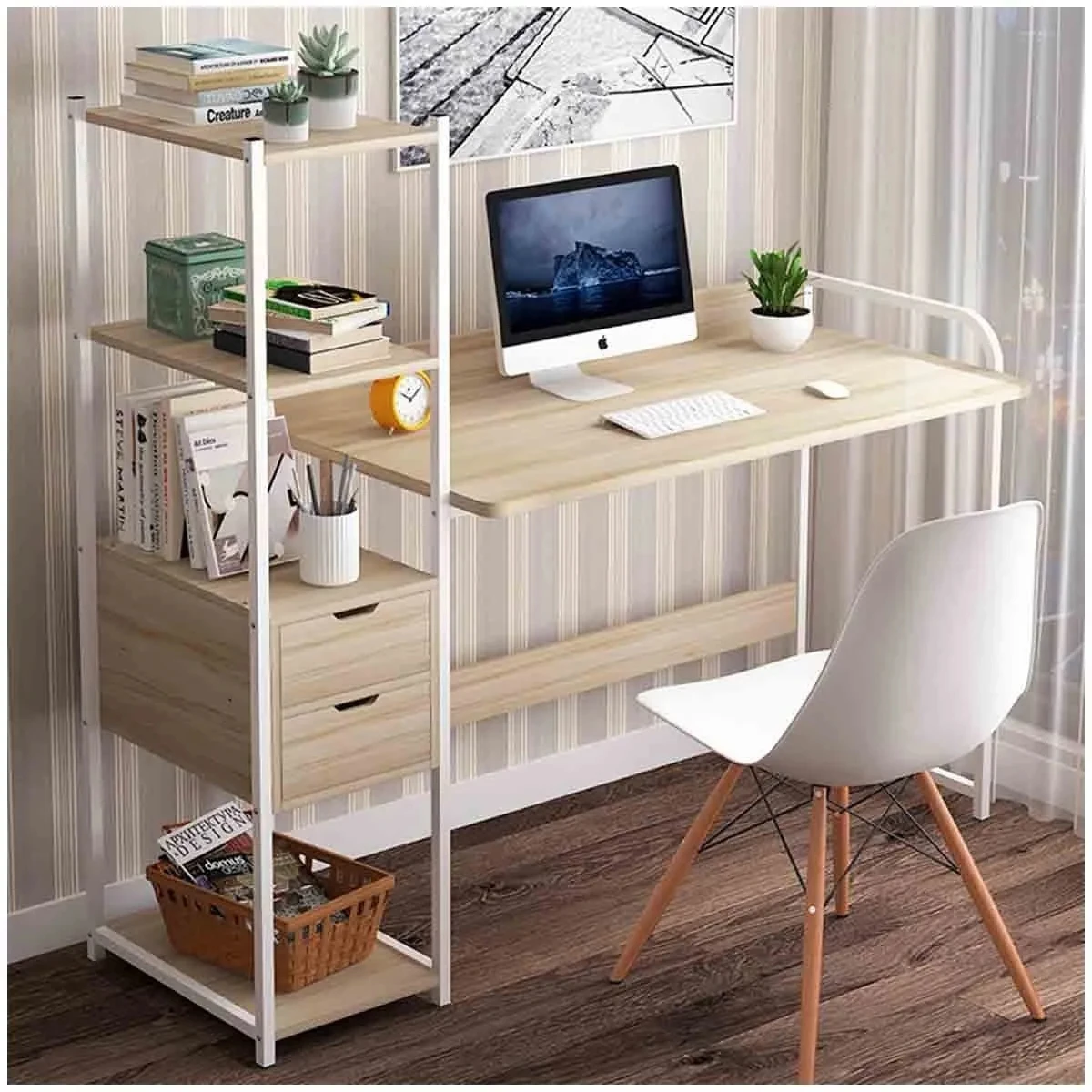Modern with Bookshelf and Drawers Computer Desk for Home Office
