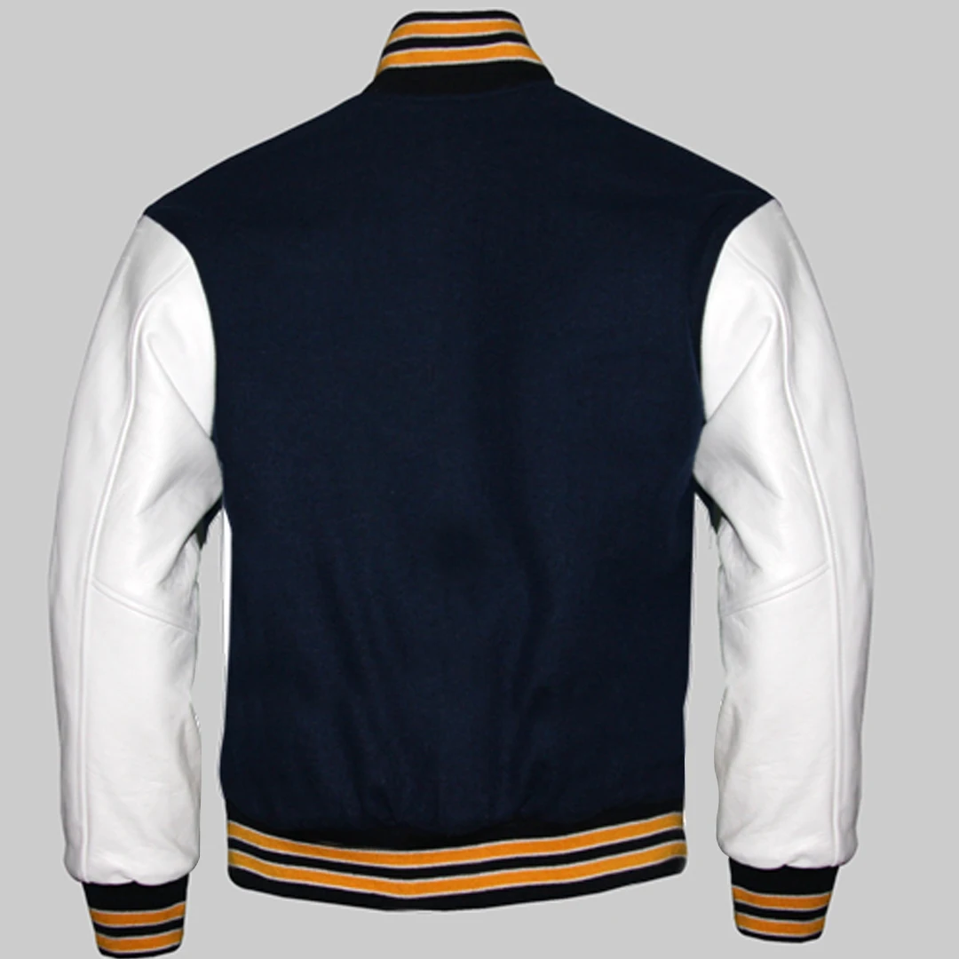 Custom New black And white Genuine Leather Sleeves In Top Grain White Varsity Jackets By Huzaifa Products