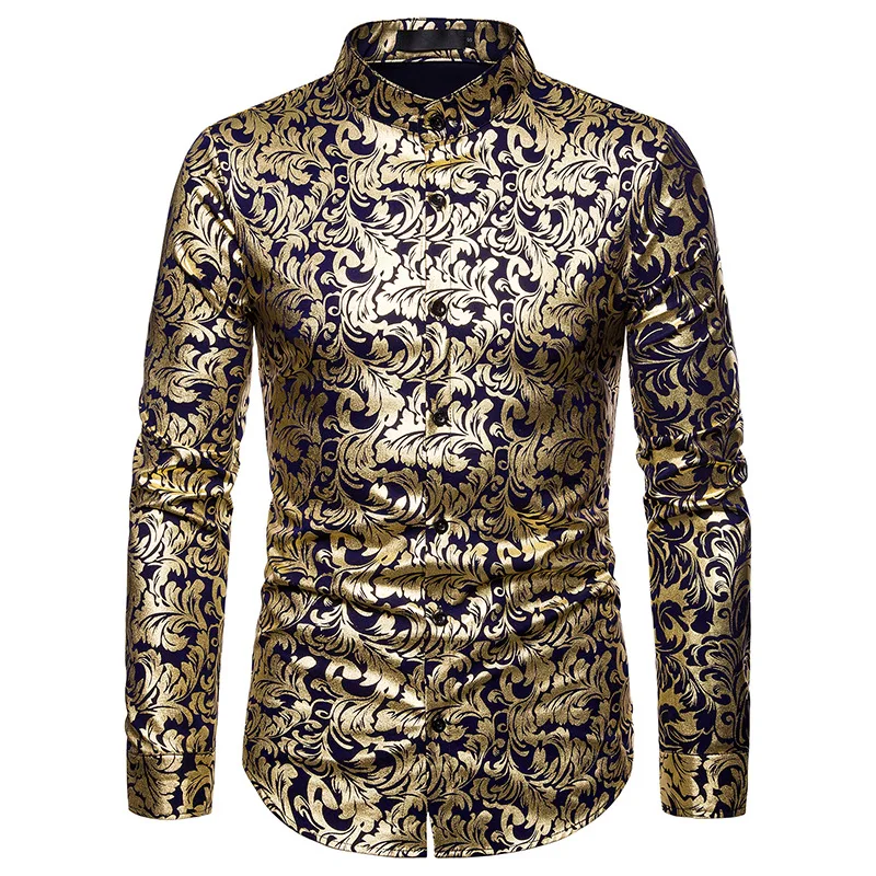 Новинка 2019, повседневная мужская модная рубашка с воротником «Генри», дизайнерская рубашка с длинным рукавом и горячим тиснением