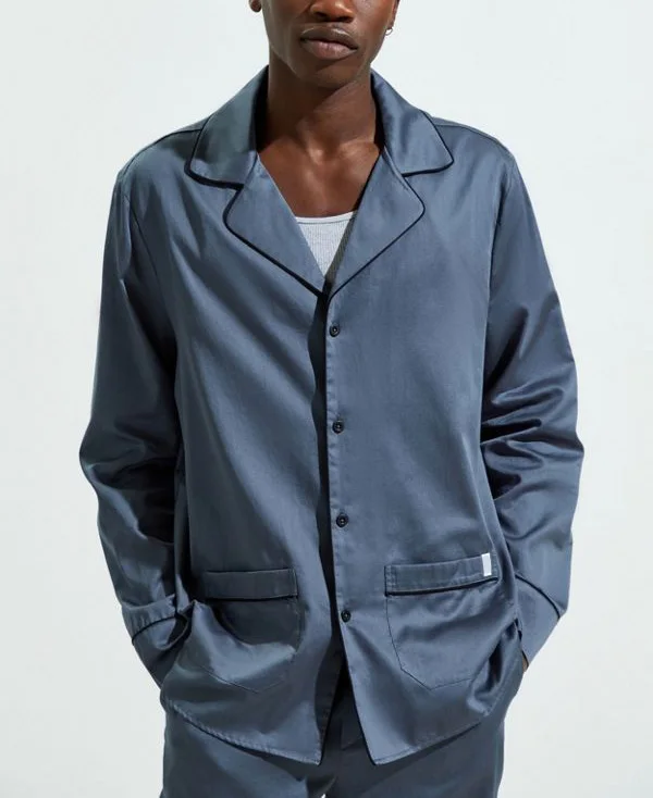 MGOO Long Sleeve And Pants Dark Blue Basic Solid Mens Satin Sleepwear Plain Blank Men Pajamas Set