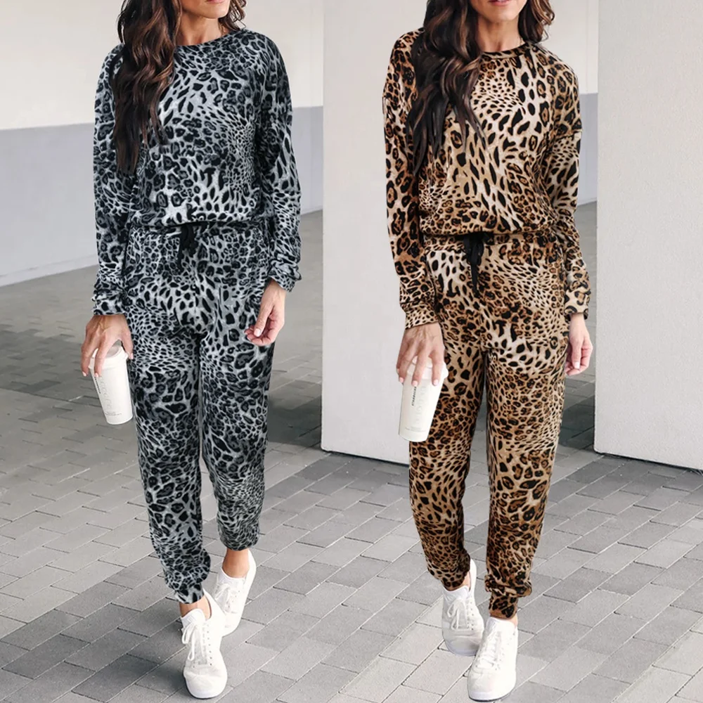 Sublimated leopard Printed Women tracksuit animal skin ladies Jogger Pant and sweat shirt top hoodie 2 Pieces women Clothes