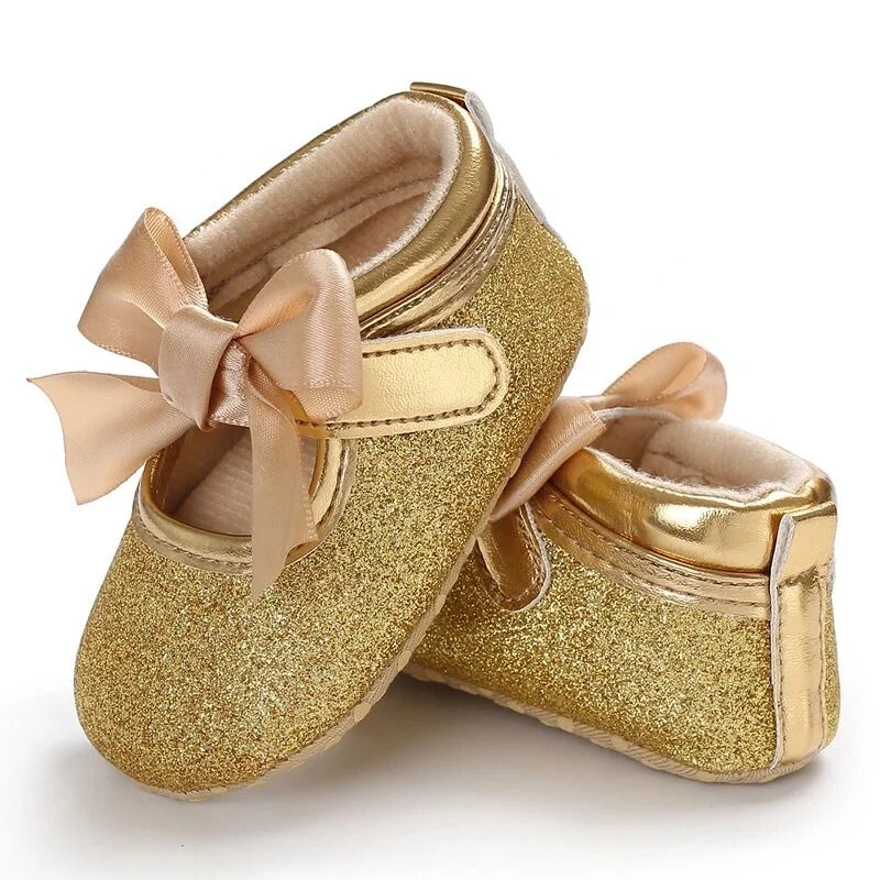 Bling Toddler Princess Gold Glitter Girl Baby Dress Shoes with Bow