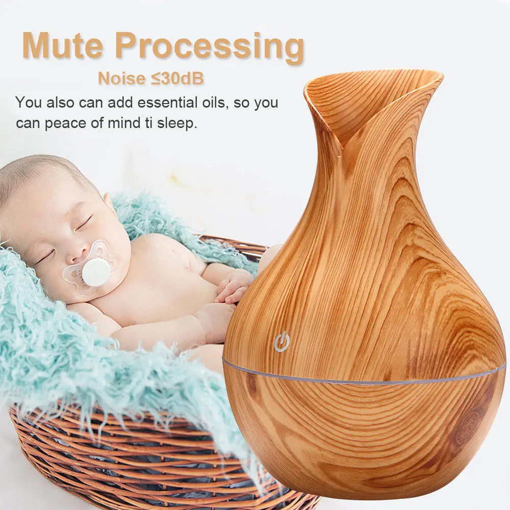 Essential Oil Diffuser with LED Night Light Ultrasonic Aromatherapy Humidifier Vase Shape Wood Grain Appearance