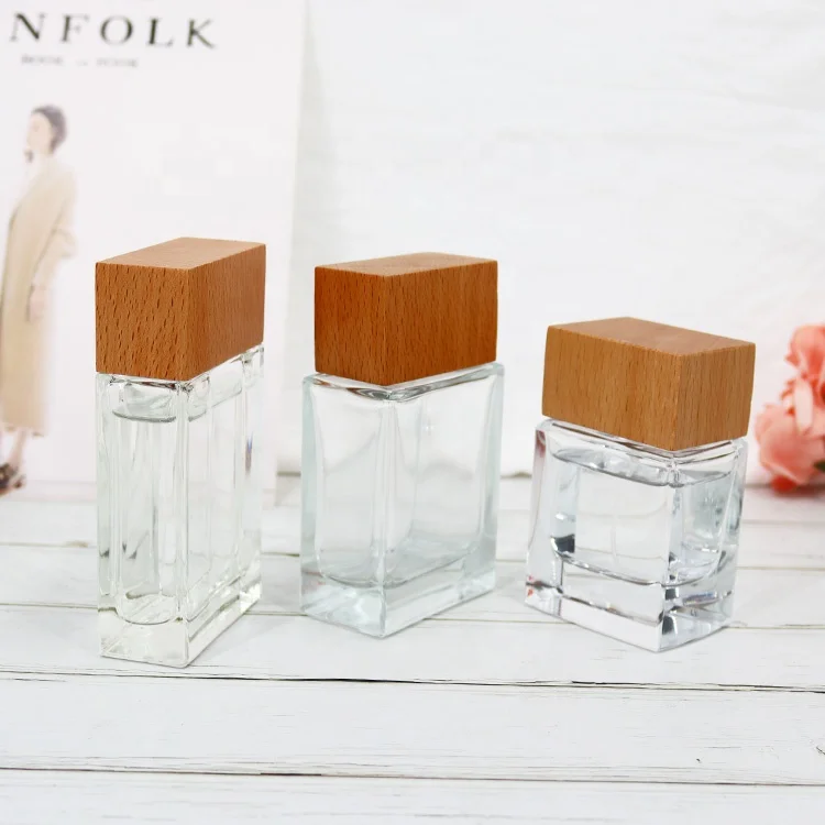 Vietnam new design beech wood glass perfume bottle wooden caps varnish natural wooden lid glass jar square glass perfume lid