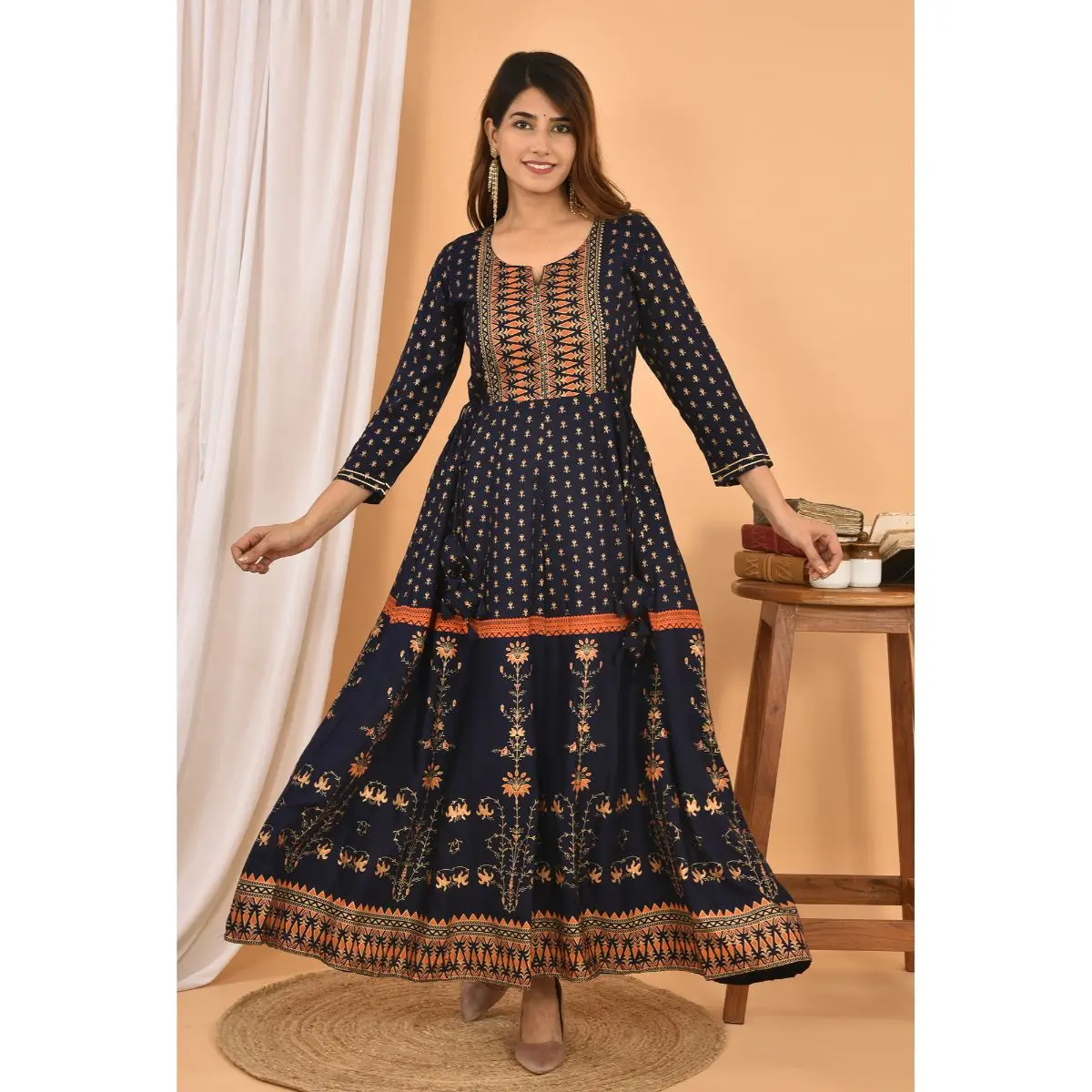 Blue Orange Gold Printed Cotton Ethnic Gown