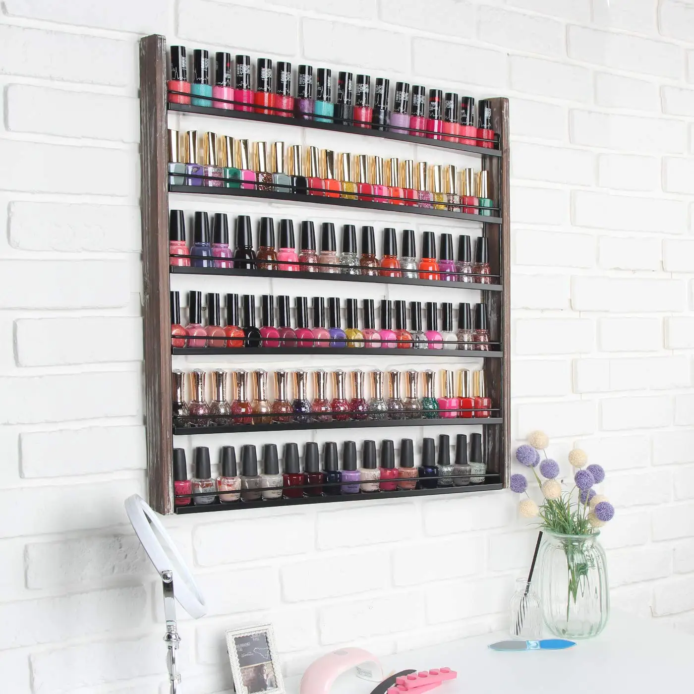 Rustic Wood Nail Polish Organizer with 6 Tier shelves 100 bottles