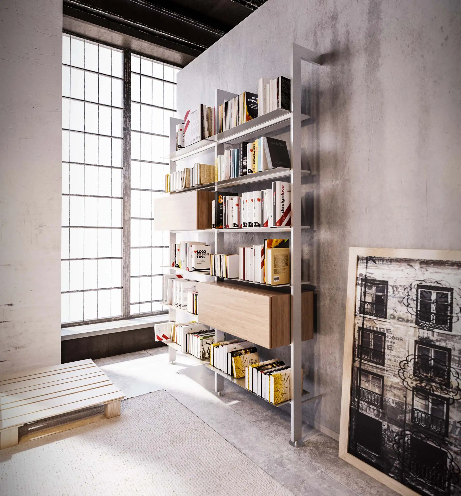 Made in italy modular wall-mounted bookcase with metal or wooden shelves for home and office