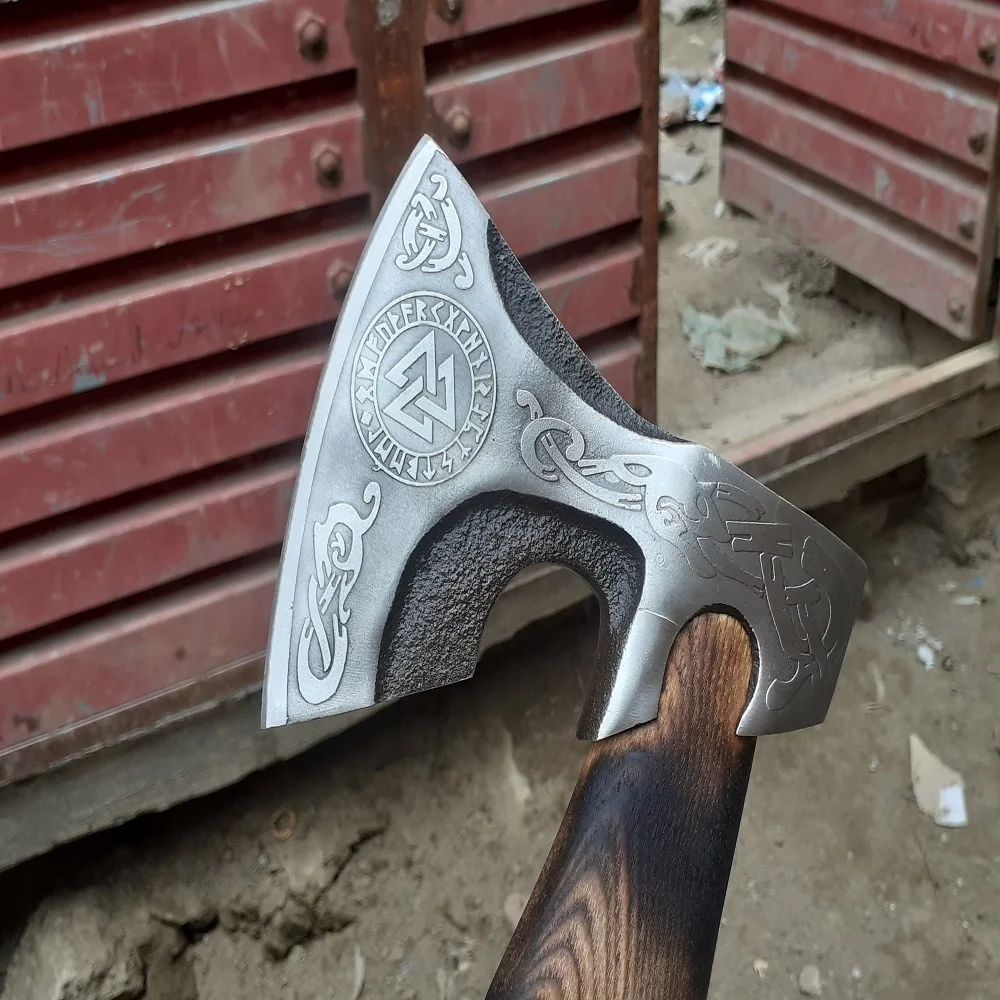 Hand Forged Viking Axe with Etching on the Head and Handle engraved by hand Decorative Fantasy Viking Axe