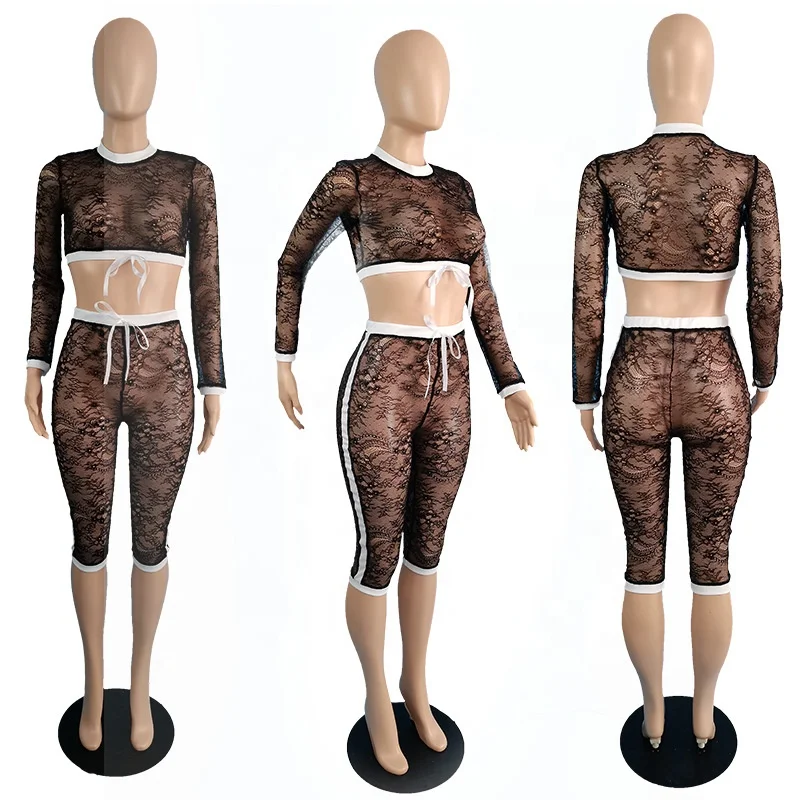 
QC-TC077 2021Trending transparent lace fabric long sleeve top and short pants black two piece shorts set 