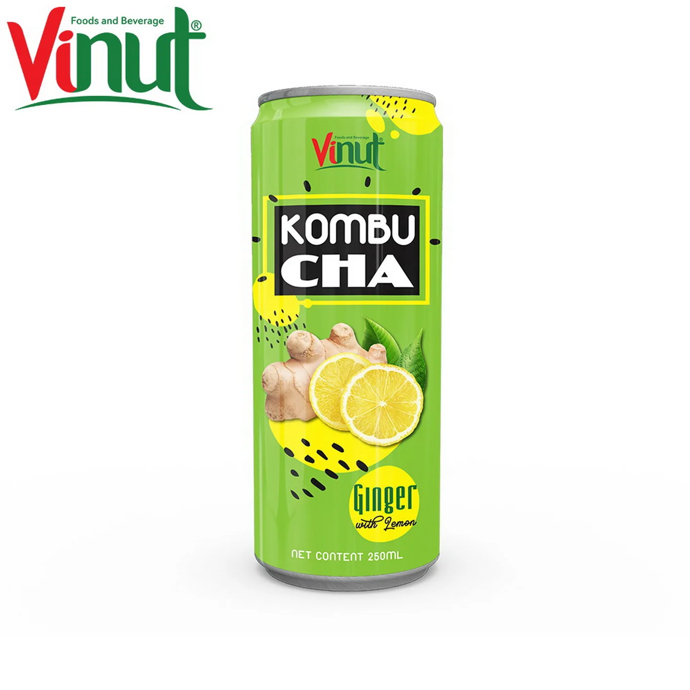 250ml VINUT Fresh cool natural Can (Tinned) OEM Beverage Free Sample Kombucha with Ginger Lemon Exporters in Vietnam