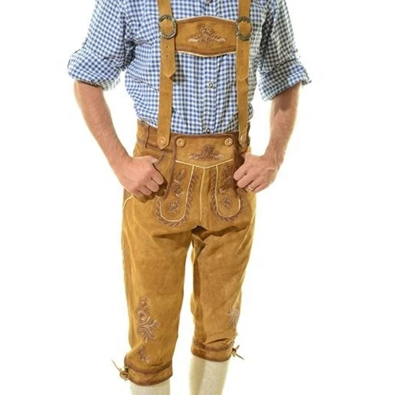  Мужские традиционные кожаные брюки Lederhosen Короткие классические с вышивкой и подтяжками