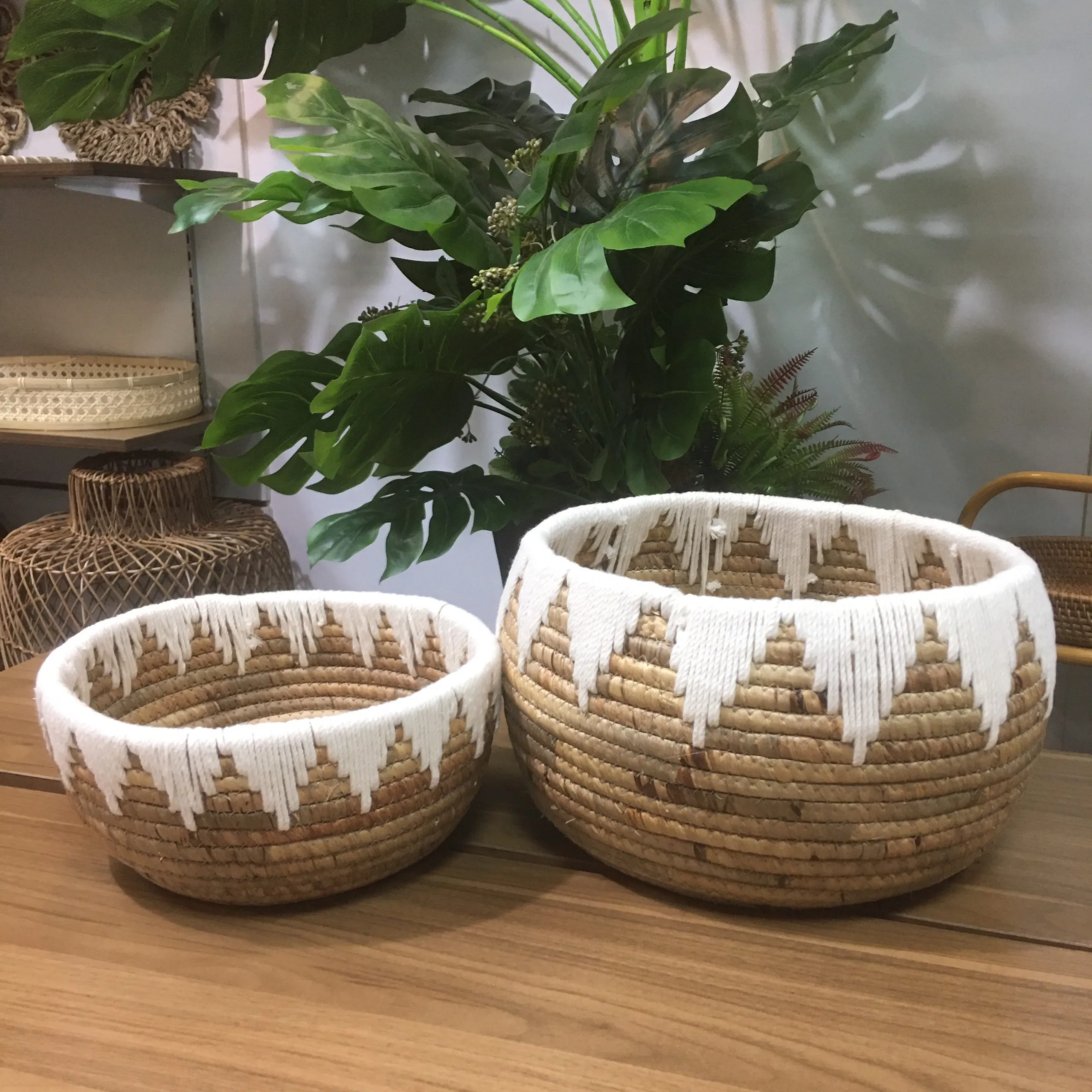 Wholesale Handicraft Round Woven Hyacinth Cotton Rope Basket Set 2 Pcs Storage Baskets Contact us for Best Price