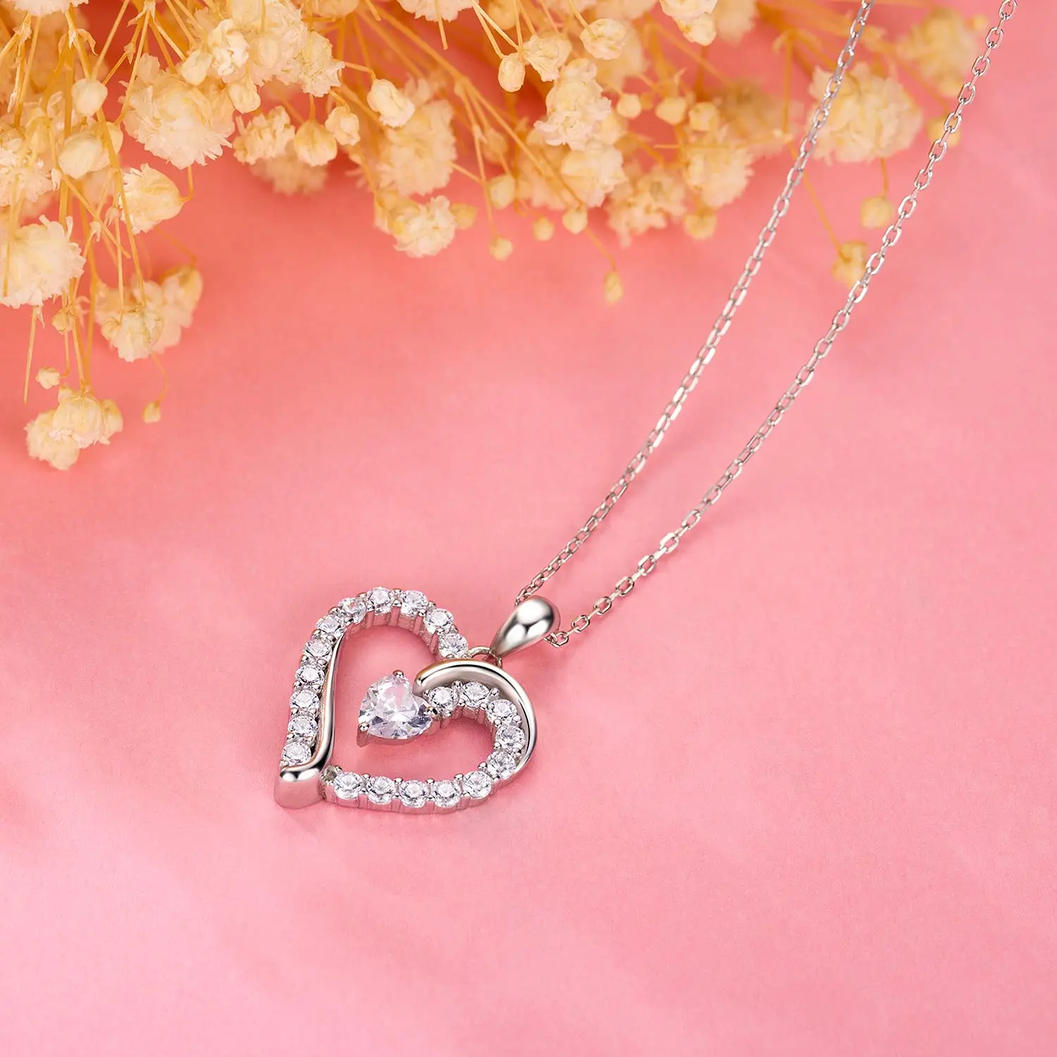 Women Fine Jewelry 925 Sterling Silver Cubic Zirconia Love Heart Pendant Birthstone Necklace