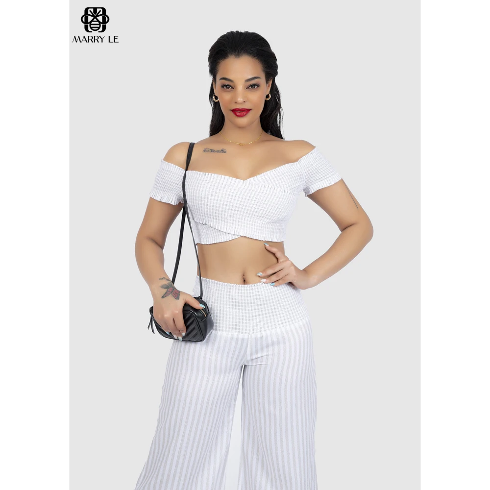 OFF SHOULDER KAKI STRIPE SHIRRED 2-PIECE SET lady jumpsuit two piece set women clothing OEM ODM Customized clothing - MD256