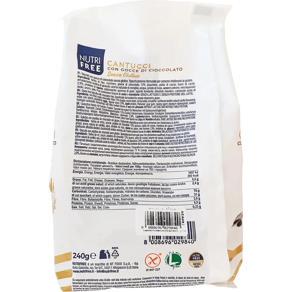 Gluten Free CANTUCCI with CHOCOLATE CHIPS 340g Biscuit Cookies Sugar Flavor Bag Packing Nutrifree 0.34 Kg Bag Packaging Sweet