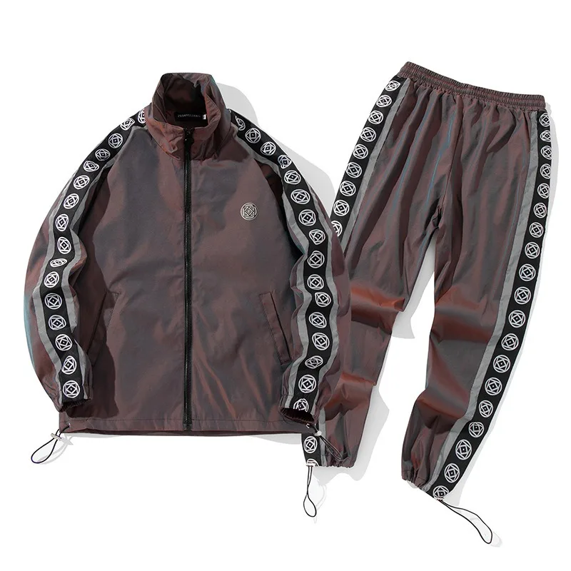 Top High Quality Fashion Custom  two pieces men nylon reflective set tracksuit in street style