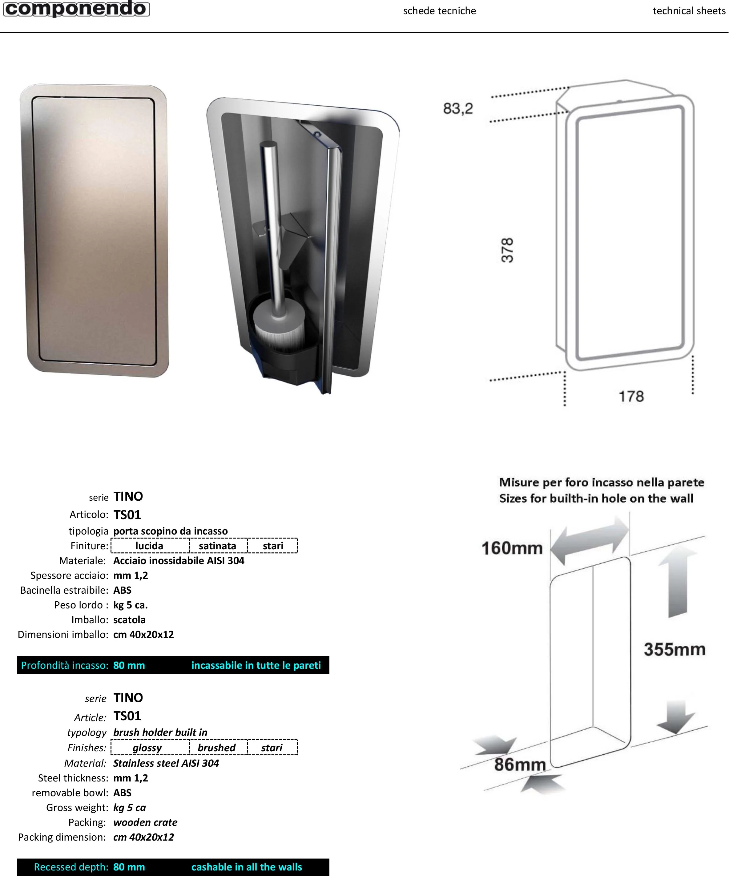 Recessed Toilet brush   Stainless SteelSteel varnished matt visone (mink)