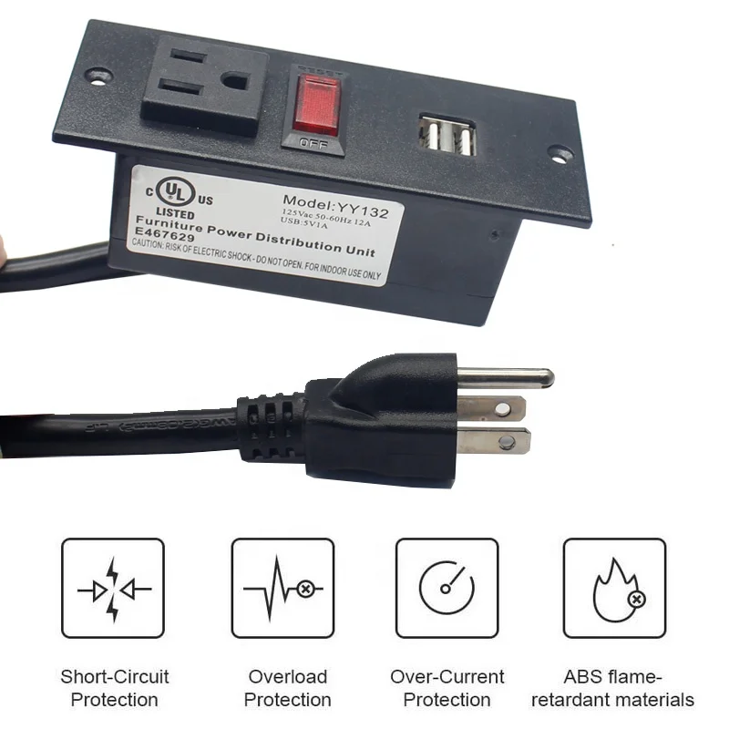 Hot sell Hotel wall mounted 2 USB power socket and 2 AC outlet socket with circuit breaker switch power strip