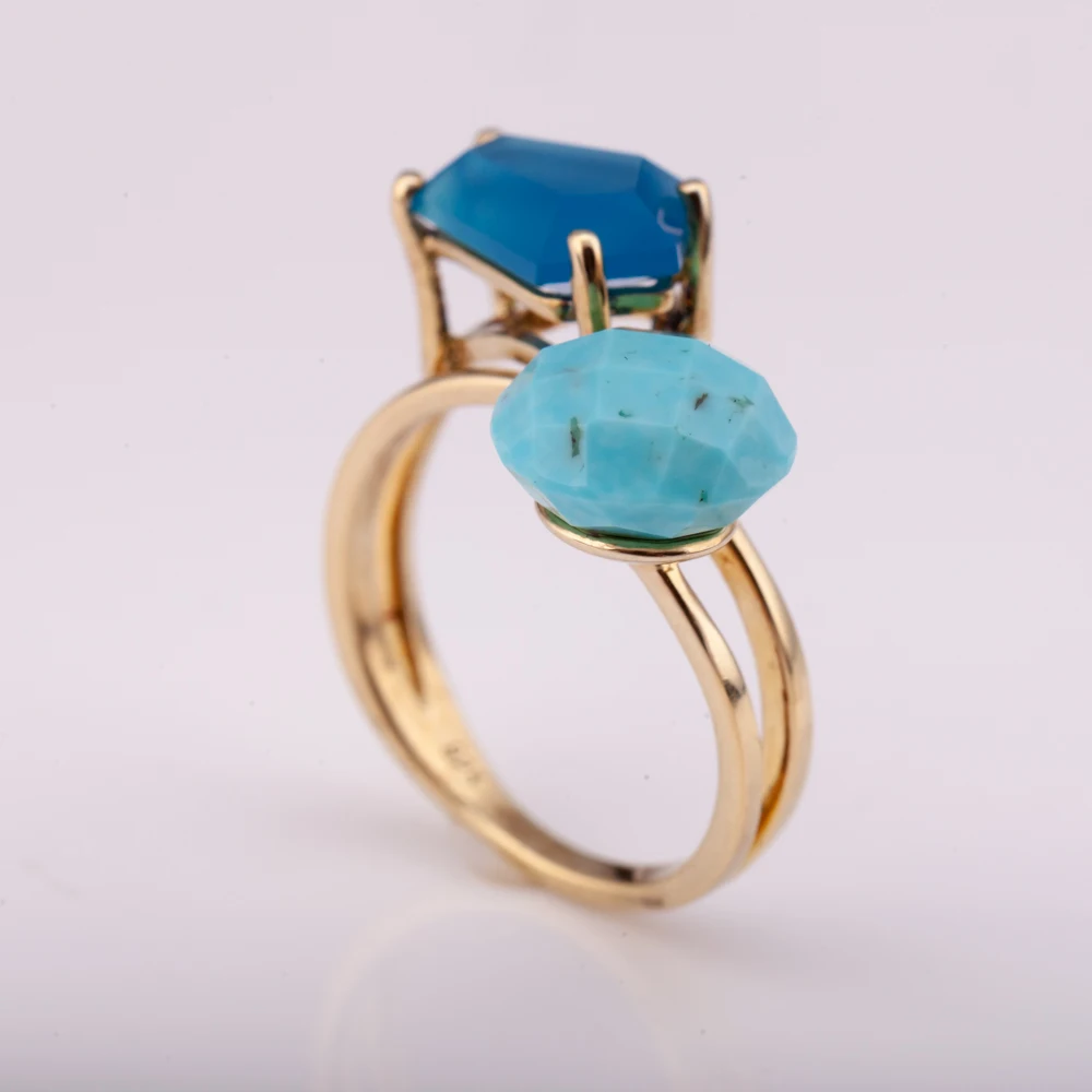 14K gold plated silver 925 ring with natural turquoise and lapis high quality factory price  from Thailand Manufacturer