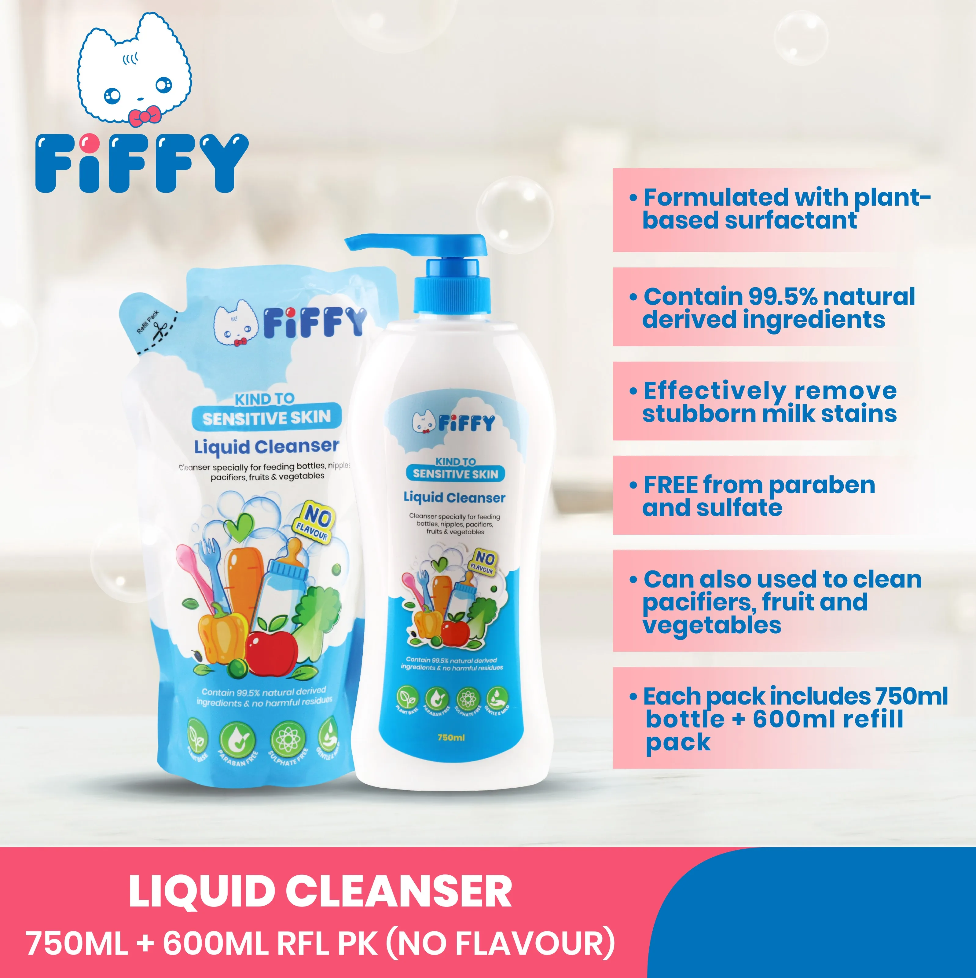FIFFY Baby Plant Based Bottle wash, Fruit and Vegetable Wash Baby Bottle Washing Liquid Cleanser (NO Flavor)