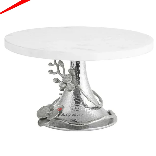 wedding decorative white marble round cake stand with gold metal butterfly base stand for table centerpiece decor