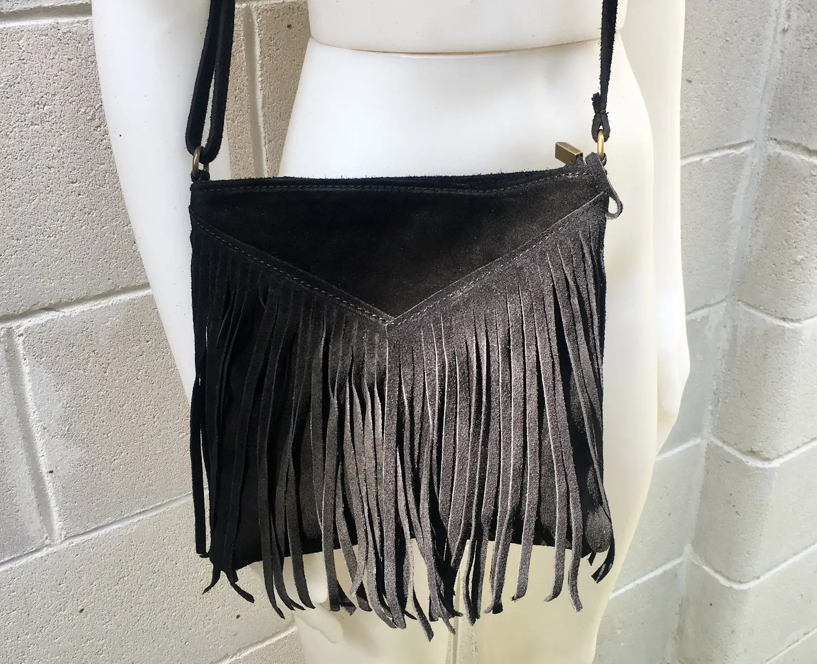Cross body bag for Women Boho suede leather Bag in Black with Fringe for Wholesale. Messenger Bag in Soft Genuine Suede Leather