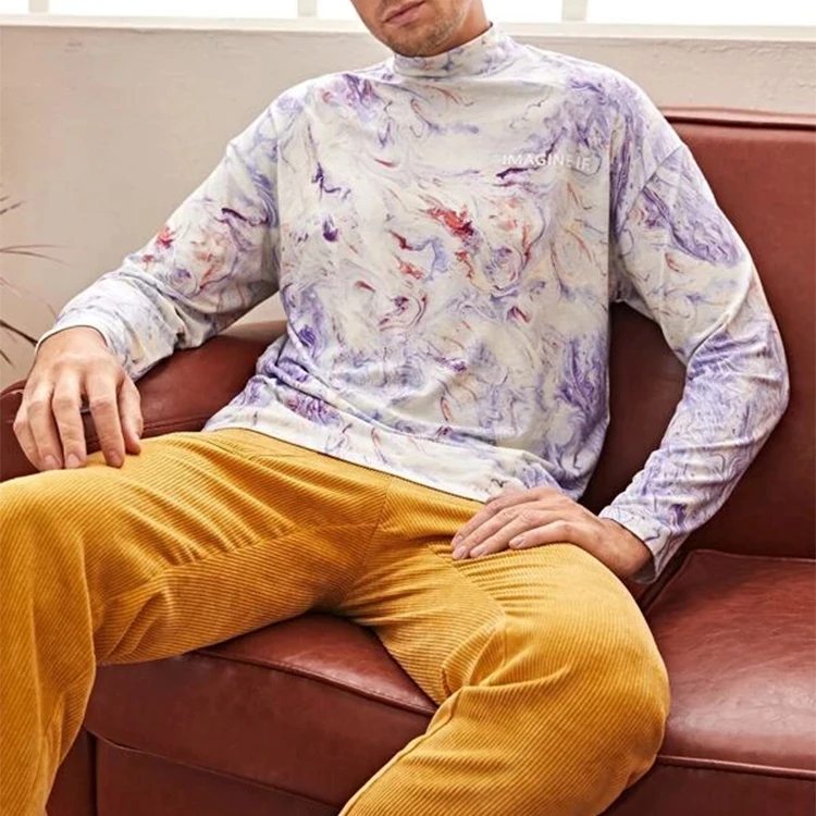 Оптовая продажа модная футболка с принтом ложным воротником завязкой через плечо длинным рукавом повседневная мужская для мальчиков OEM