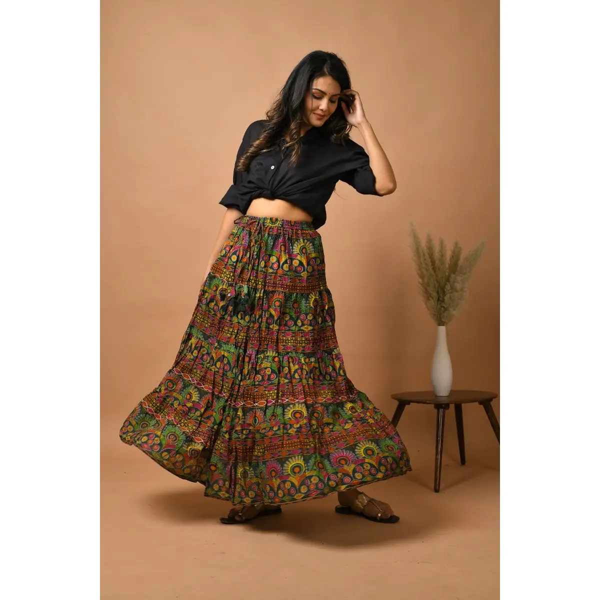 Latets in fashion Green Floral Flared Cotton Skirt for womens