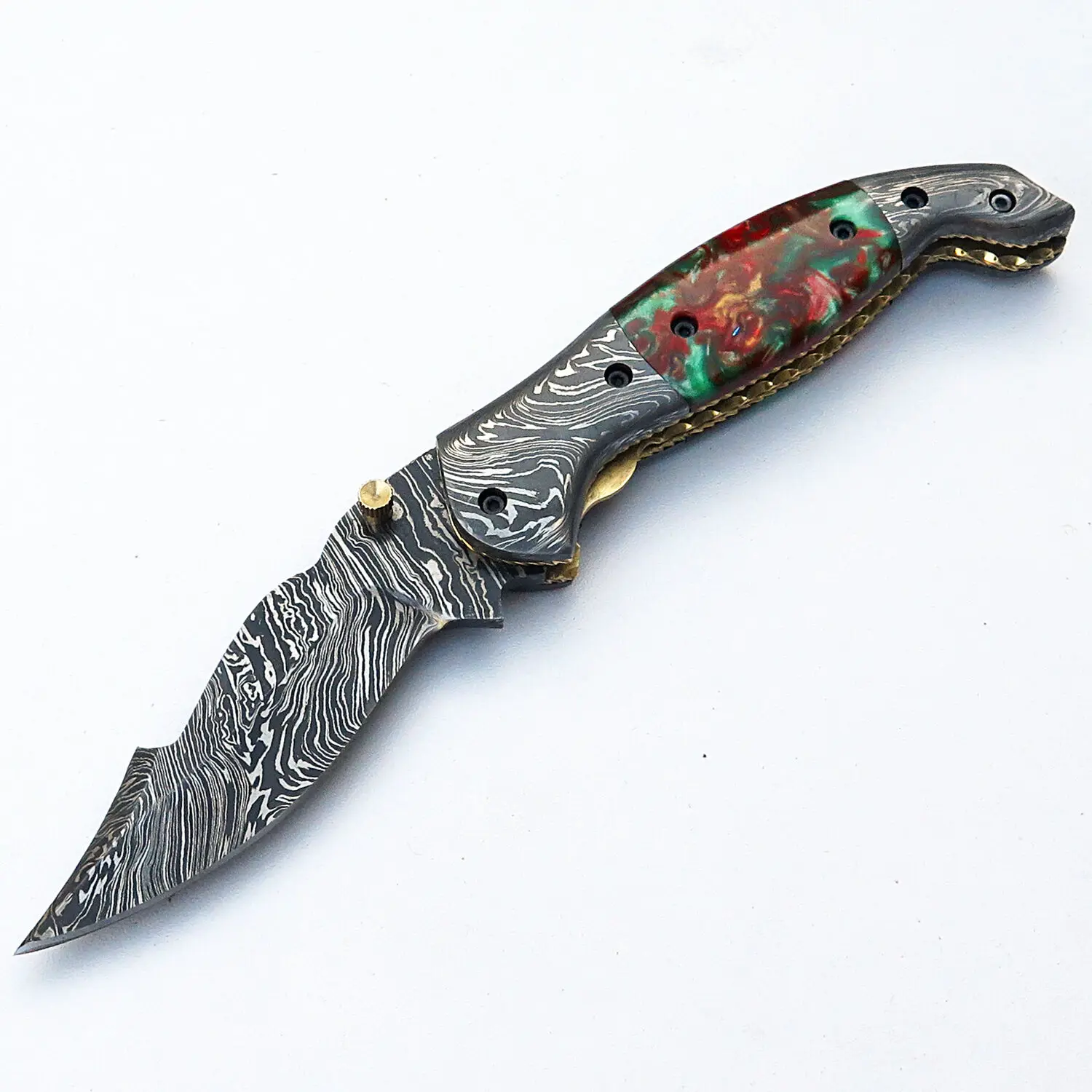 UNIQUE HANDMADE DAMASCUS STEEL FOLDING KNIFE LINER LOCK / HANDEL GEM STONE
