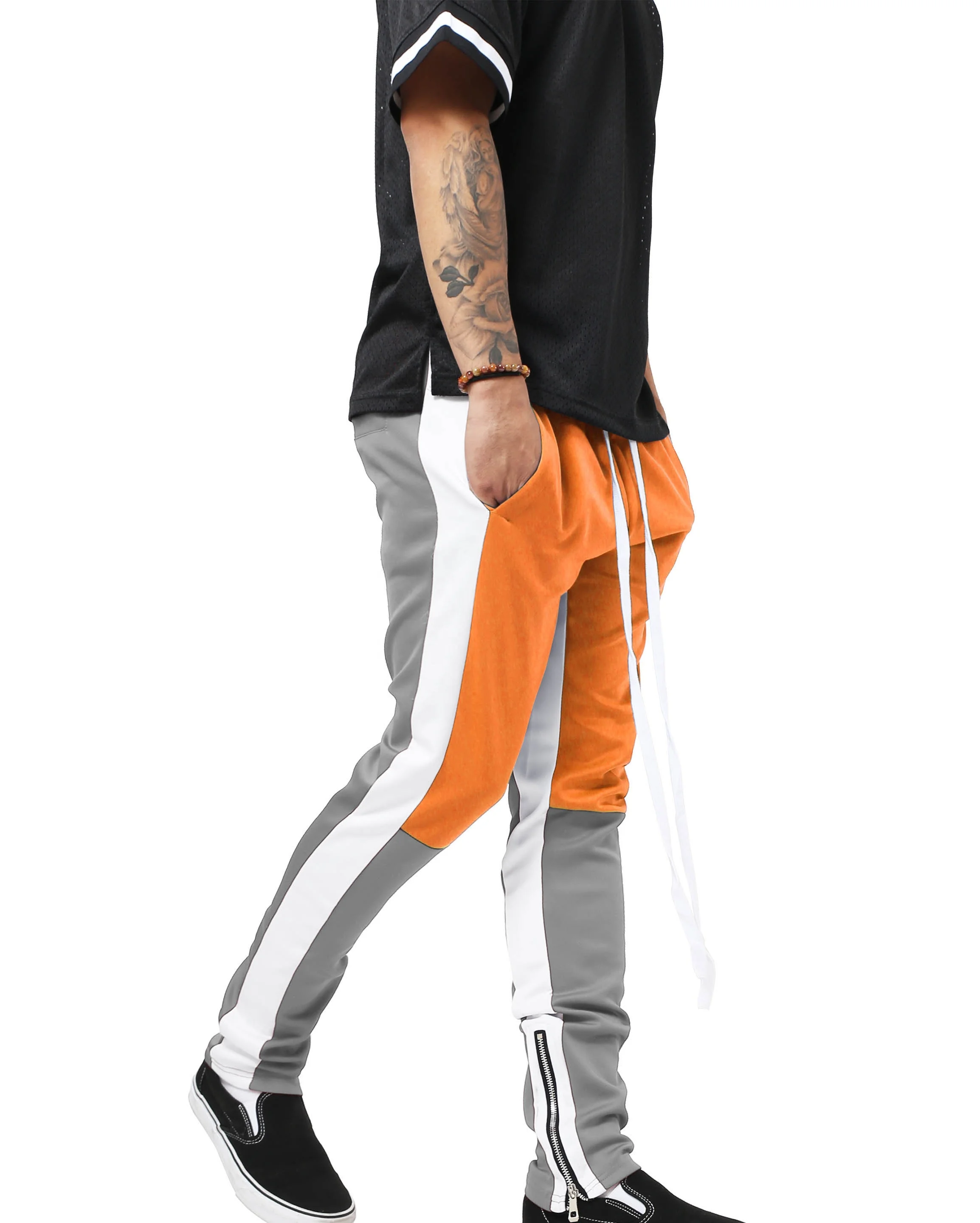 
Mens Stripe Track Pants Three Tone Color Block Skinny Fit Stretch Casual Elastic Athletic Training Slim 
