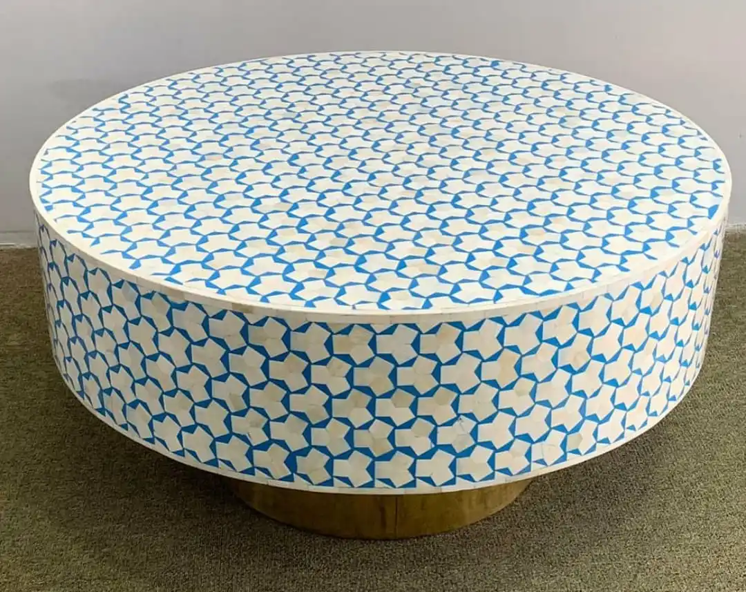 Hot Sale Bone Inlay Round Floral Coffee Table with Brass Base  Bone Inlay Furniture Handicraft from India