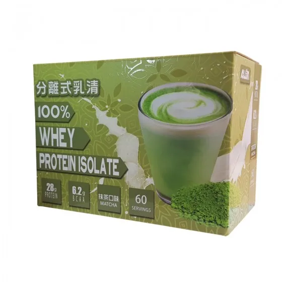 
matcha flavor high protein whey powder with box 