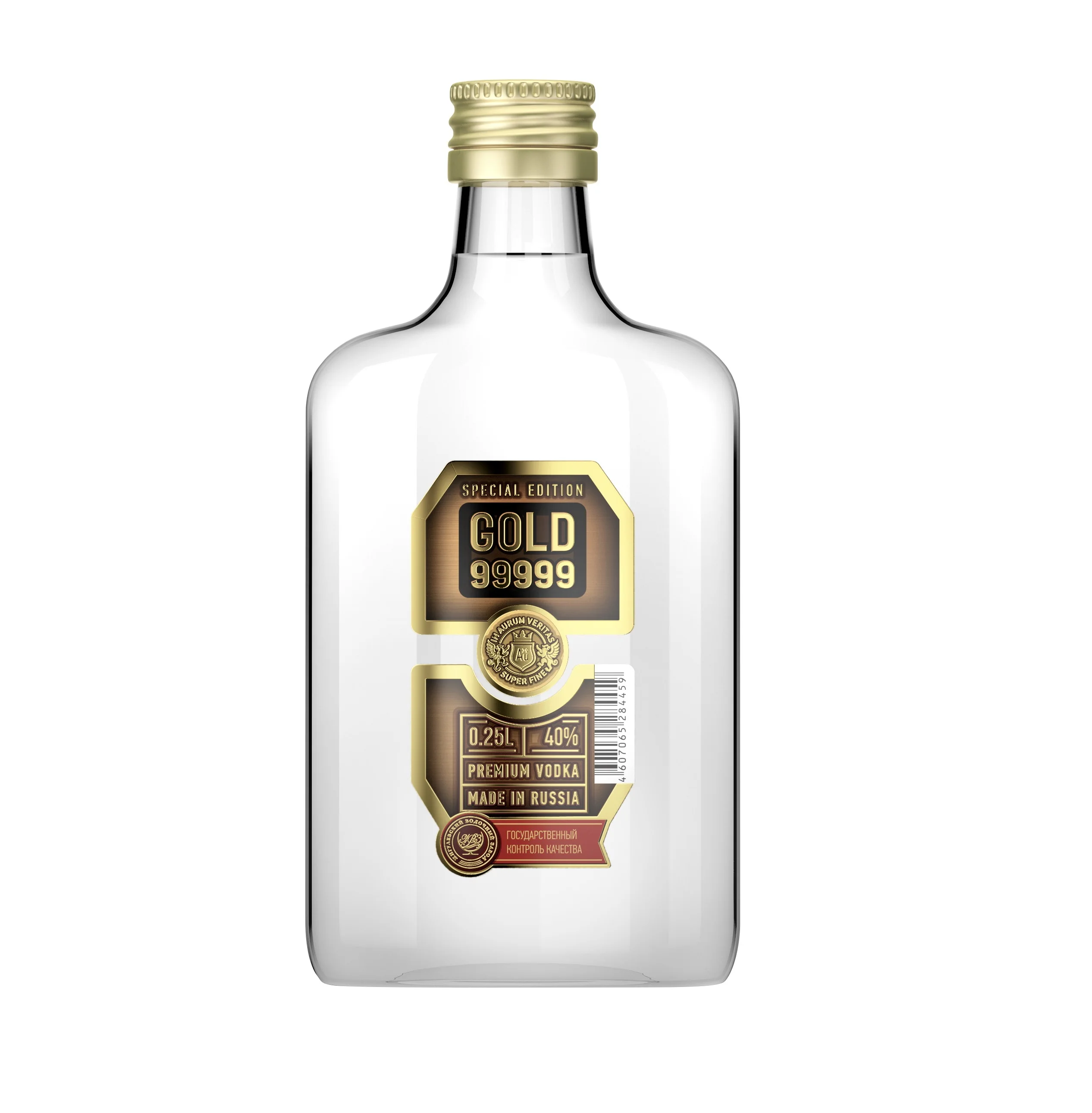 Стеклянная бутылка для спирта высокой чистоты класса «Люкс» (40% alc.) Водка с золотым корнем, 250 мл, 99999 золото