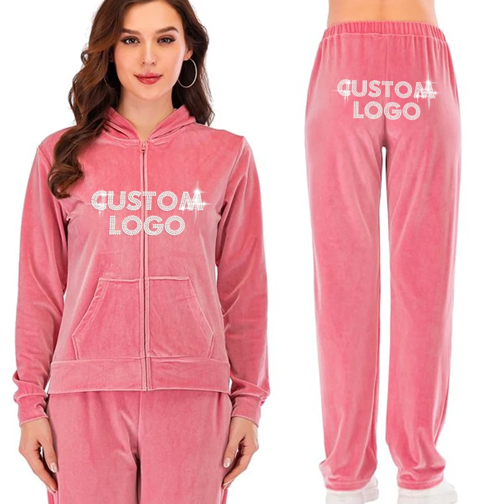 Custom design logo heavyweight ladies letter velour  stacked pants 2pc tracksuit womens with rhinestone jogger set