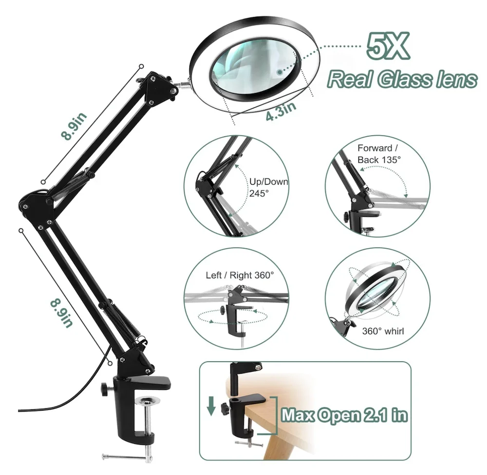 5X Magnifying Glass with Light Real Glass Lens Desk Lamp & Clamp