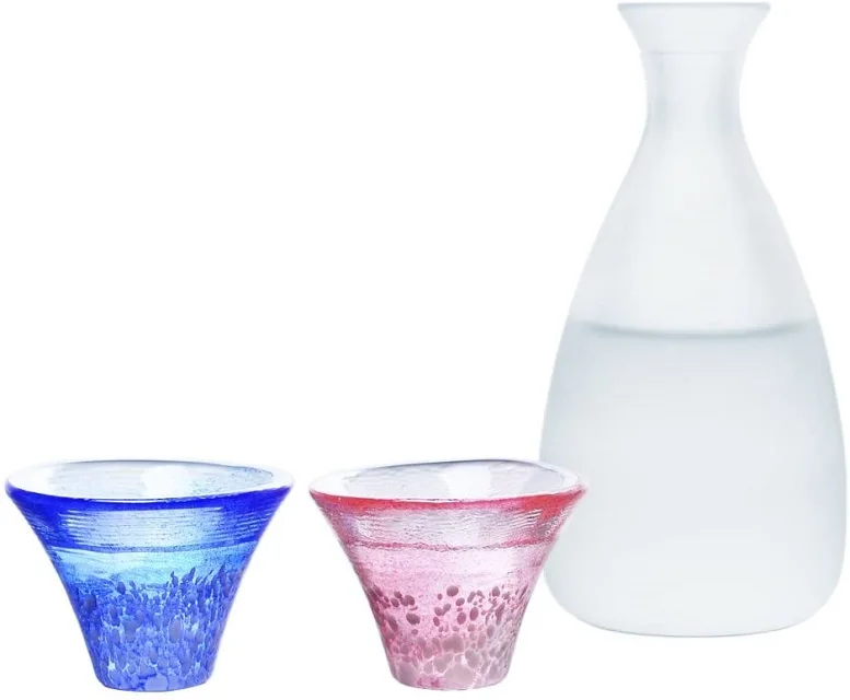 TOYO SASAKI GLASS hand made Mt. Fuji glass blue red white set. 35429