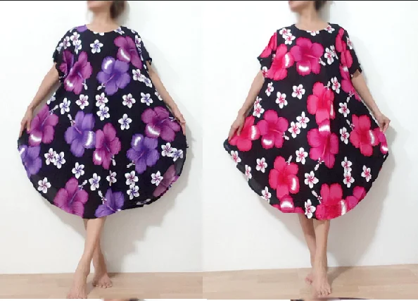 BOHO hippie rayon Women Summer  kaftan  plus size umbrella dresses  handmade hibiscus floral vintage retro beach cover up dress