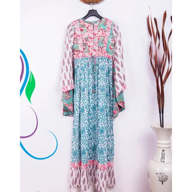 Indian hand block printed quilted long dress multi color patchwork butterfly style evening gown long tunic party wear kurtis