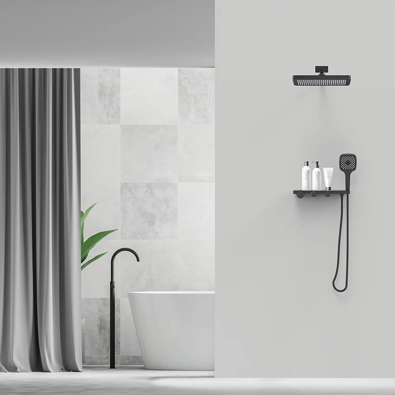 Minimalist Luxury Wall Mounted Rainfall Shower Head System 2 Way Matt Black Rain Shower Mixer Combo Set